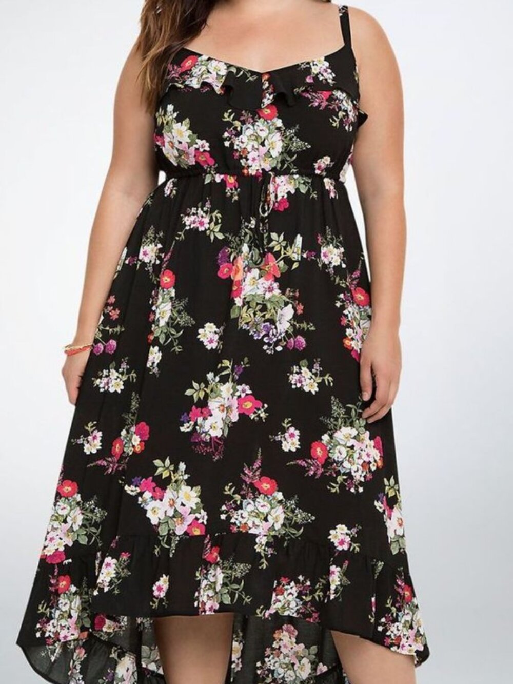 Torrid Floral Ruffle High Low Dress - Black with Pink & White Flowers 2X